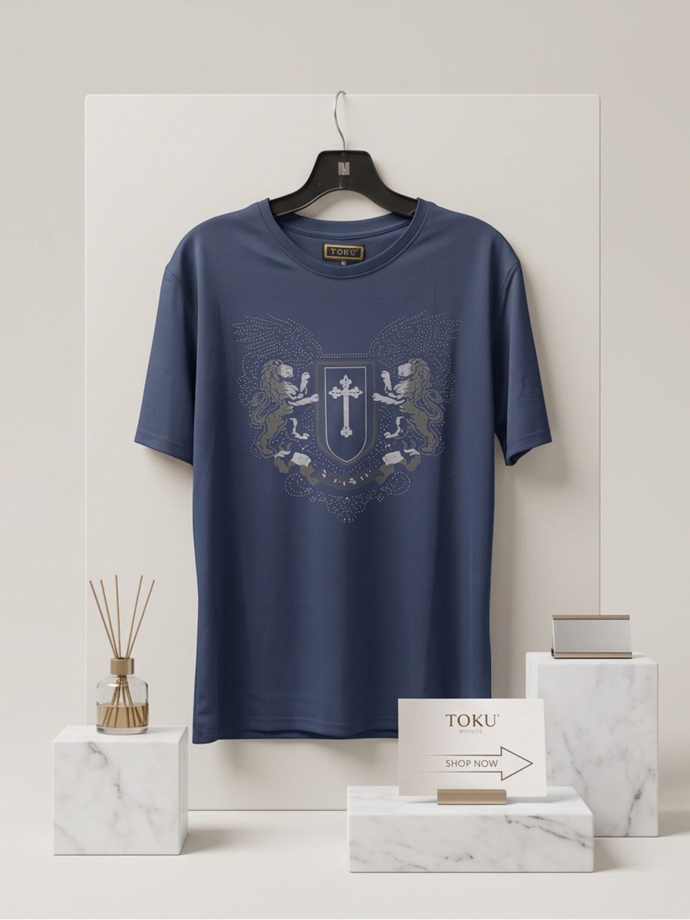 Toku Men's Navy Crest Graphic rhinestone Tee crewneck modern fit